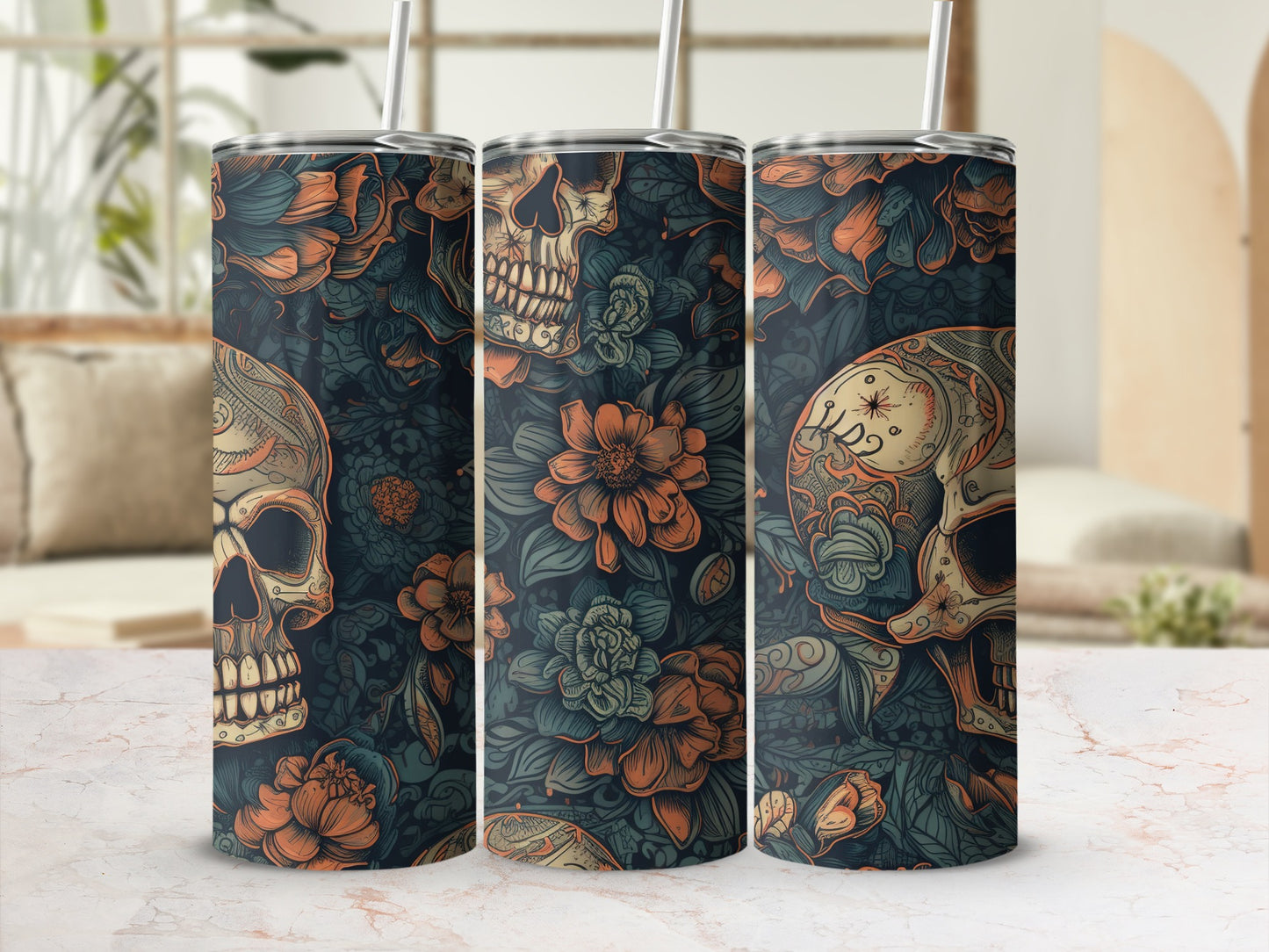 Day of the Dead Skull and Floral Design Tumbler