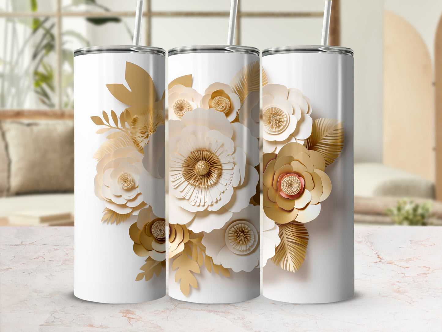 Elegant Floral Design Insulated Tumbler with Straw