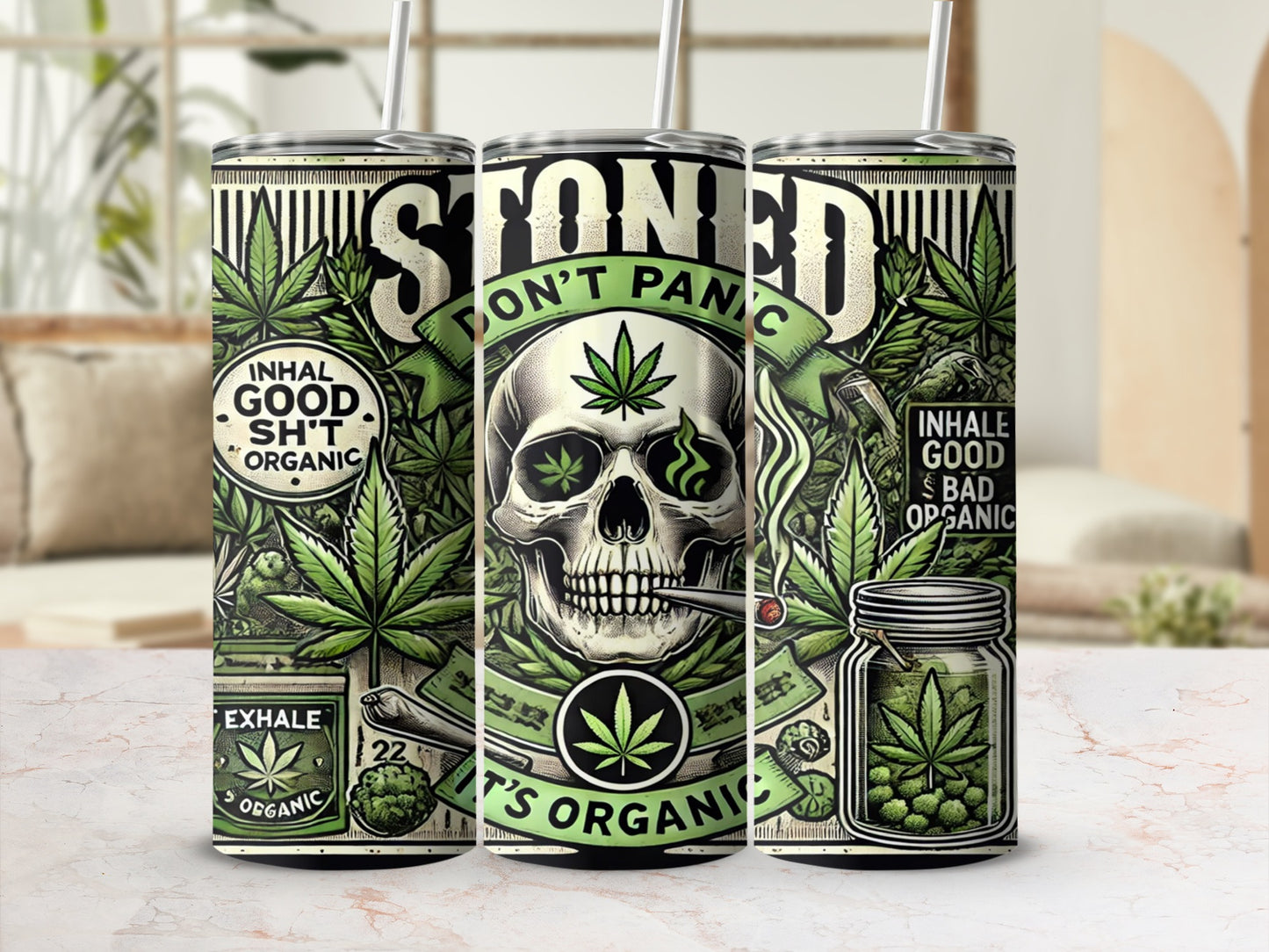 Skull and Marijuana Themed Organic Stainless Steel Tumbler