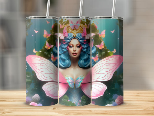 Fairy queen with blue hair, pink wings, and butterflies on a tumbler.