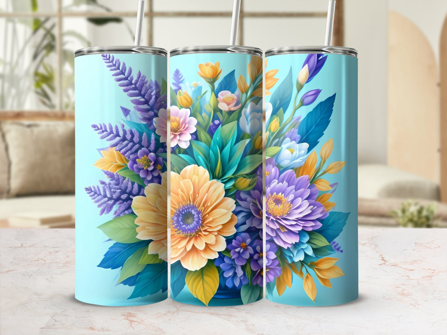 Bright Floral Patterned Insulated Tumblers Set of Three