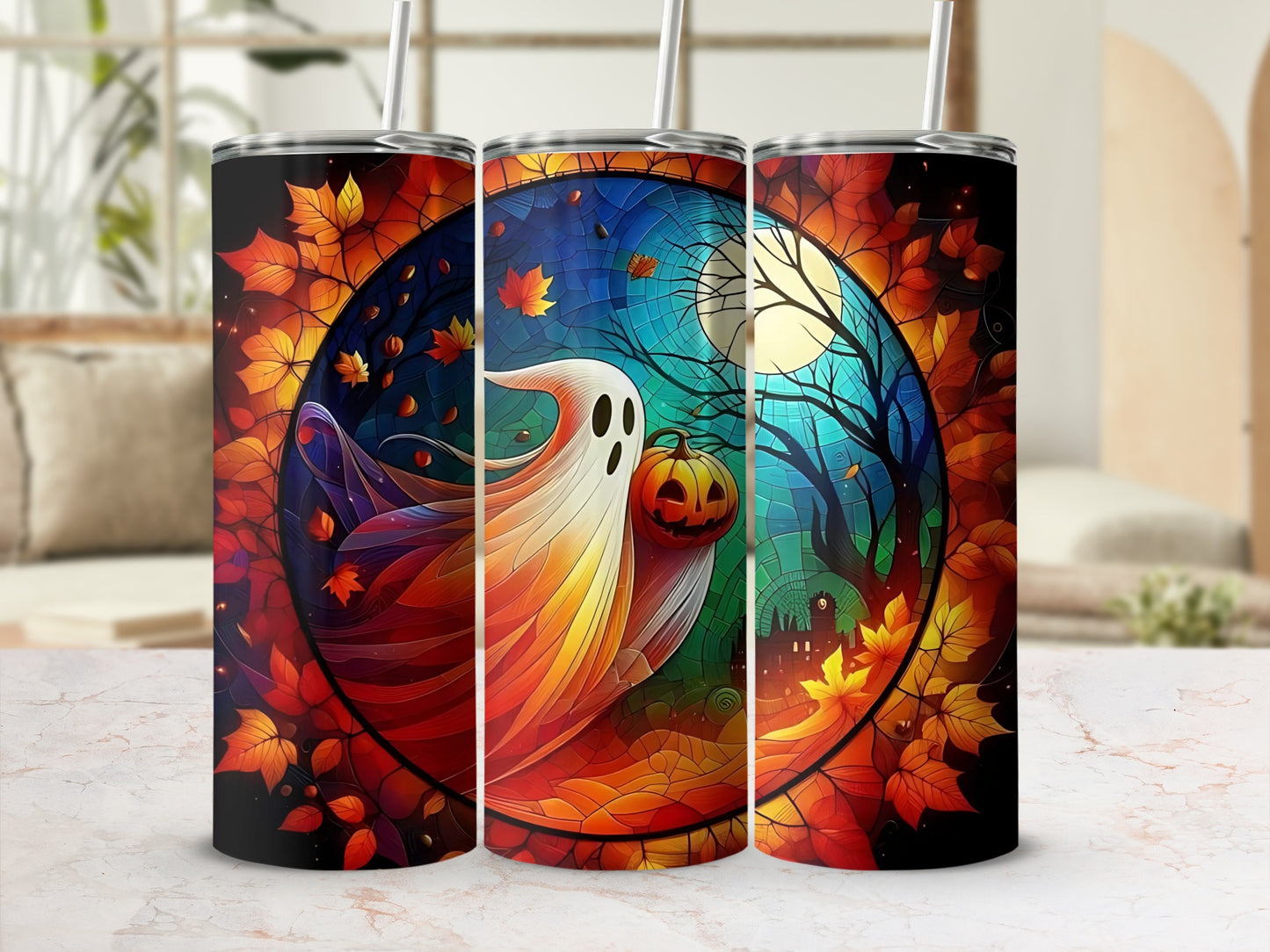 Colorful Halloween Ghost and Pumpkin Tumbler