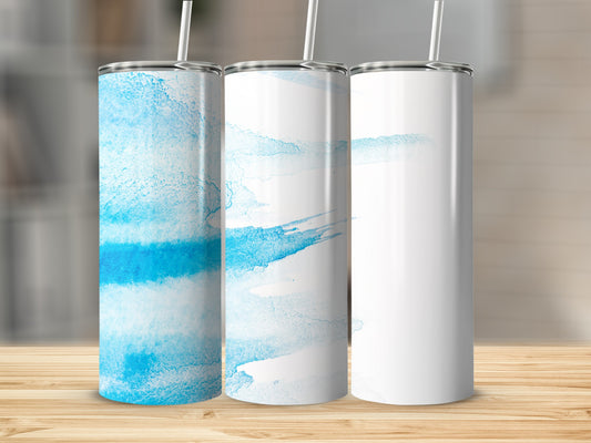 Three tumblers with blue watercolor designs and one blank tumbler.