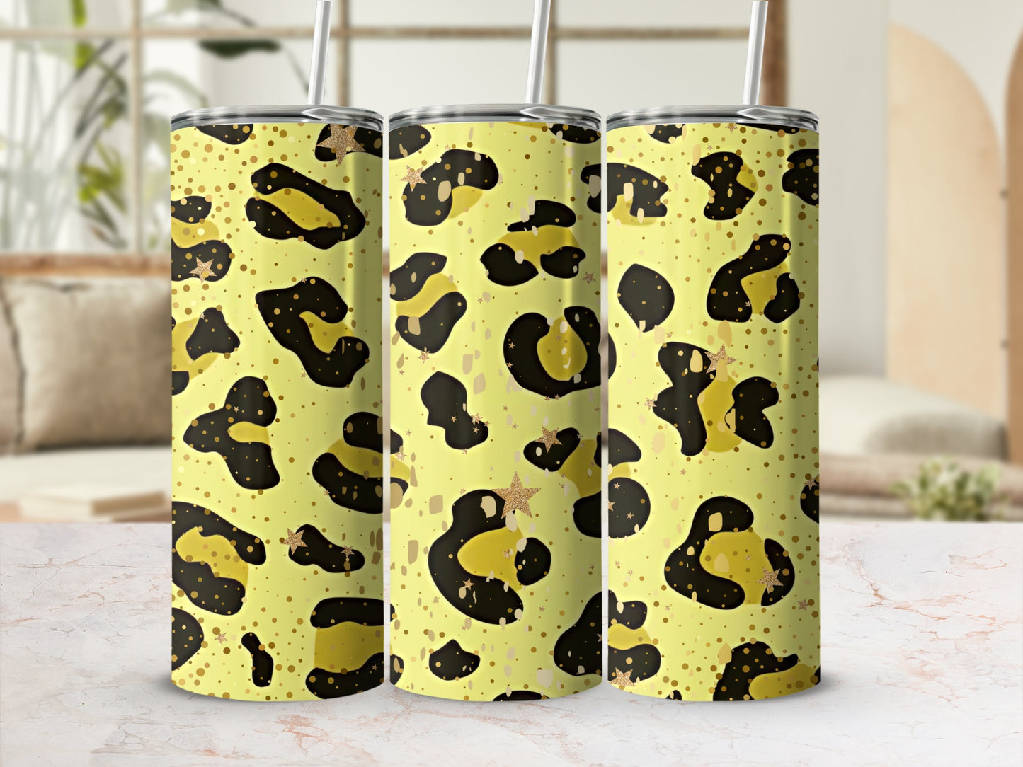 Yellow Leopard Print Tumbler with Gold Stars Tumbler