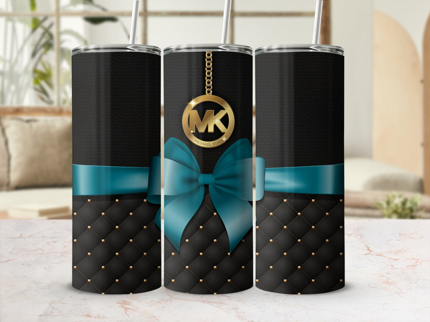 Stylish Black and Teal Decorated Tumbler with Gold Charm