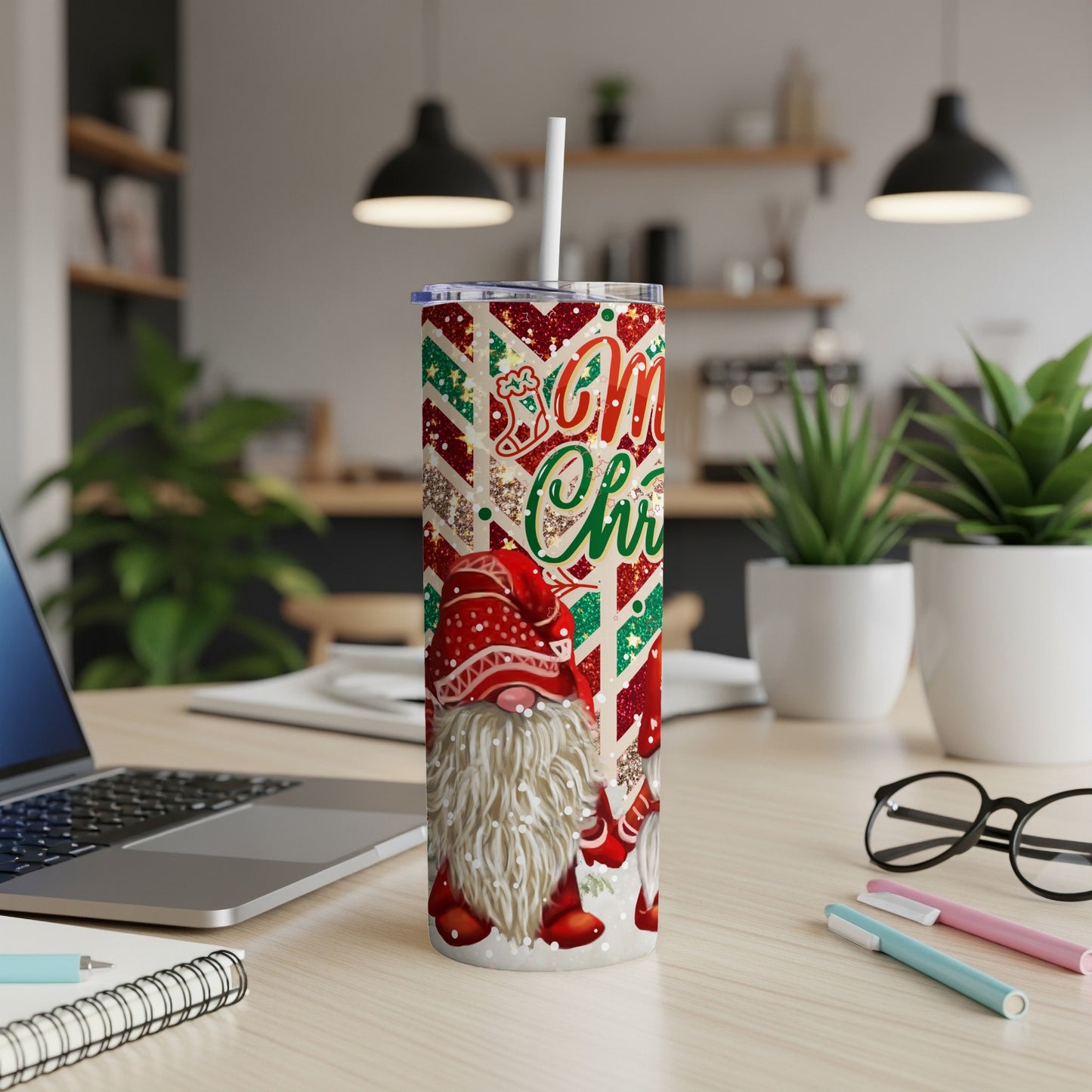 Christmas gnome design on a skinny tumbler with a straw.