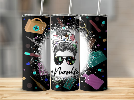 Tumbler with messy bun nurse, sunglasses, and medical icons.