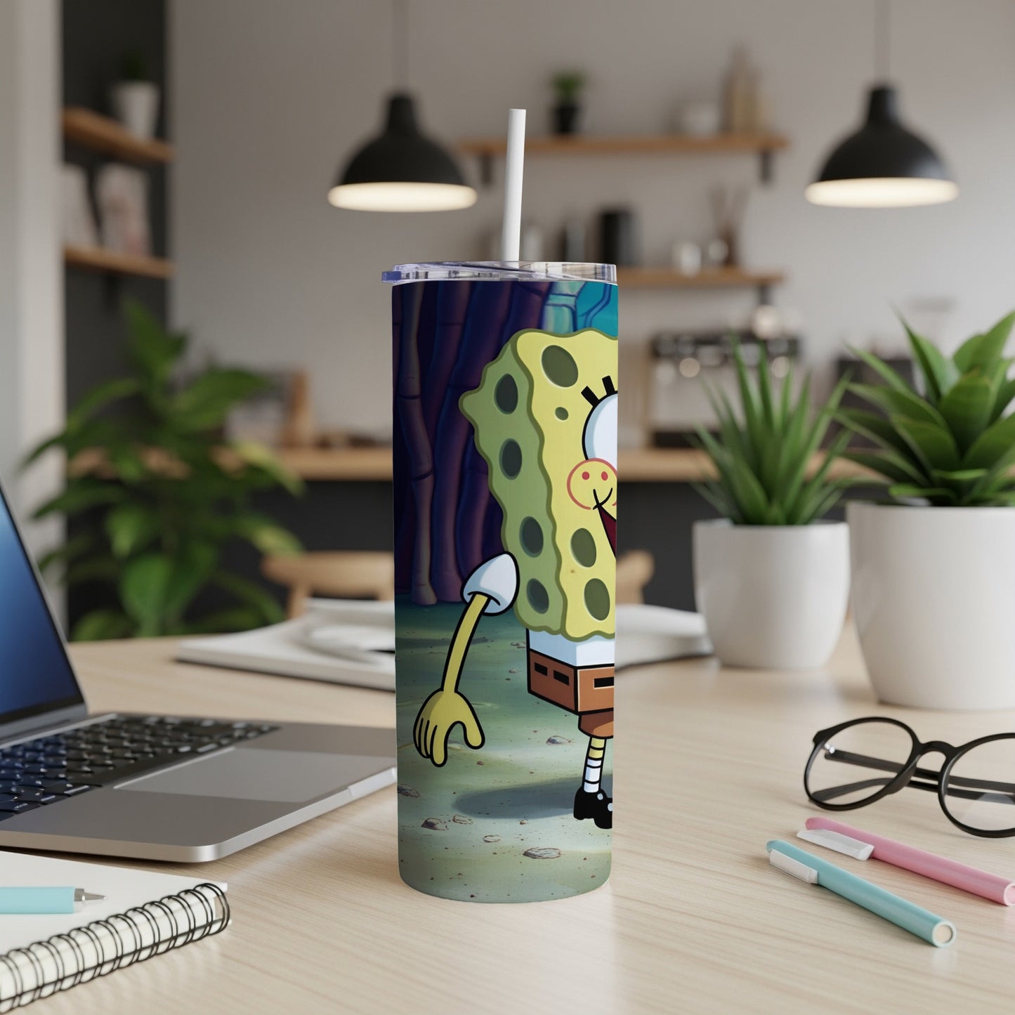 SpongeBob SquarePants cartoon character on a textured tumbler with a straw.