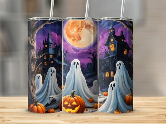 Halloween tumblers with ghosts, pumpkins, haunted houses, and a large moon.