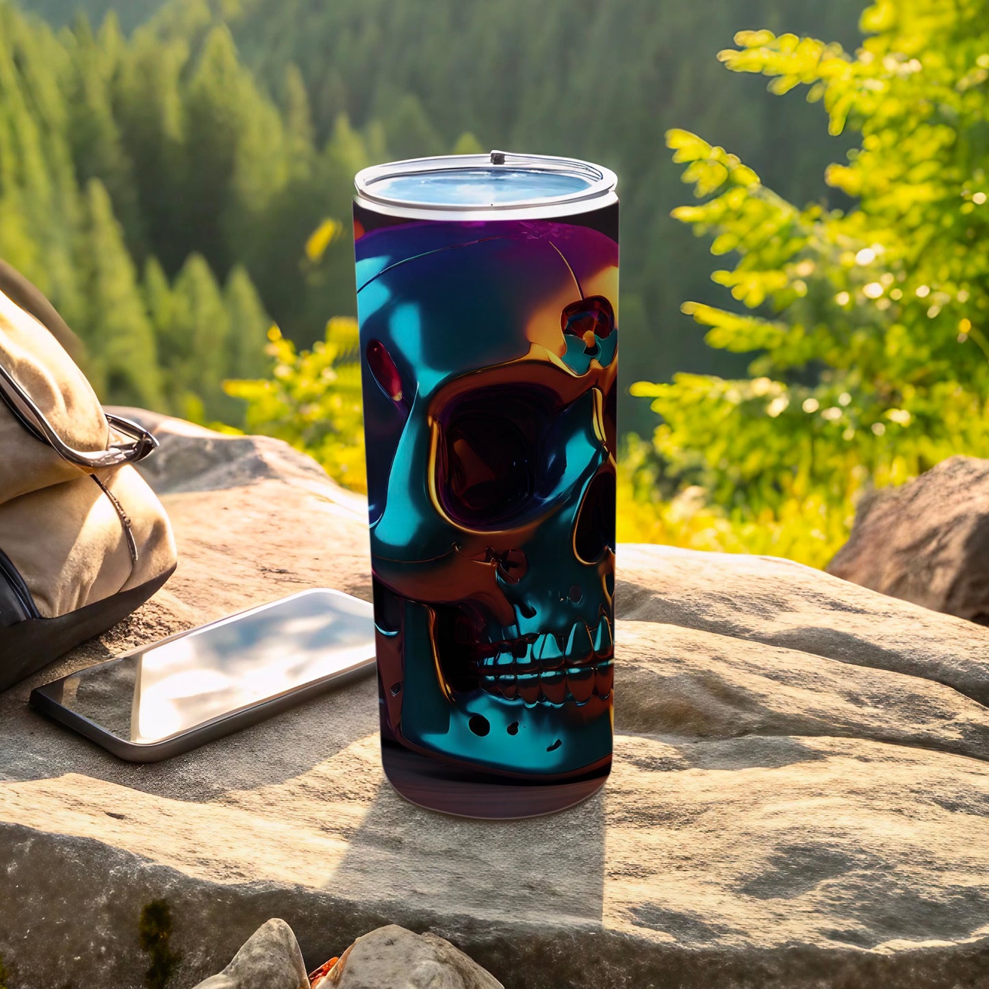 Reflective skull tumbler on rock with phone and backpack outdoors.