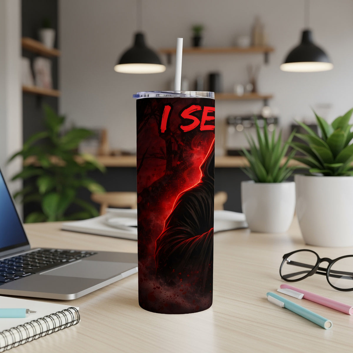 Tumbler with grim reaper graphic and red text "I SEE".