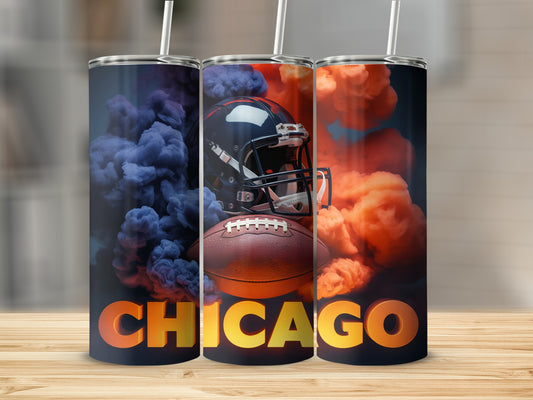 Chicago Bears football helmet and ball with orange and blue smoke.