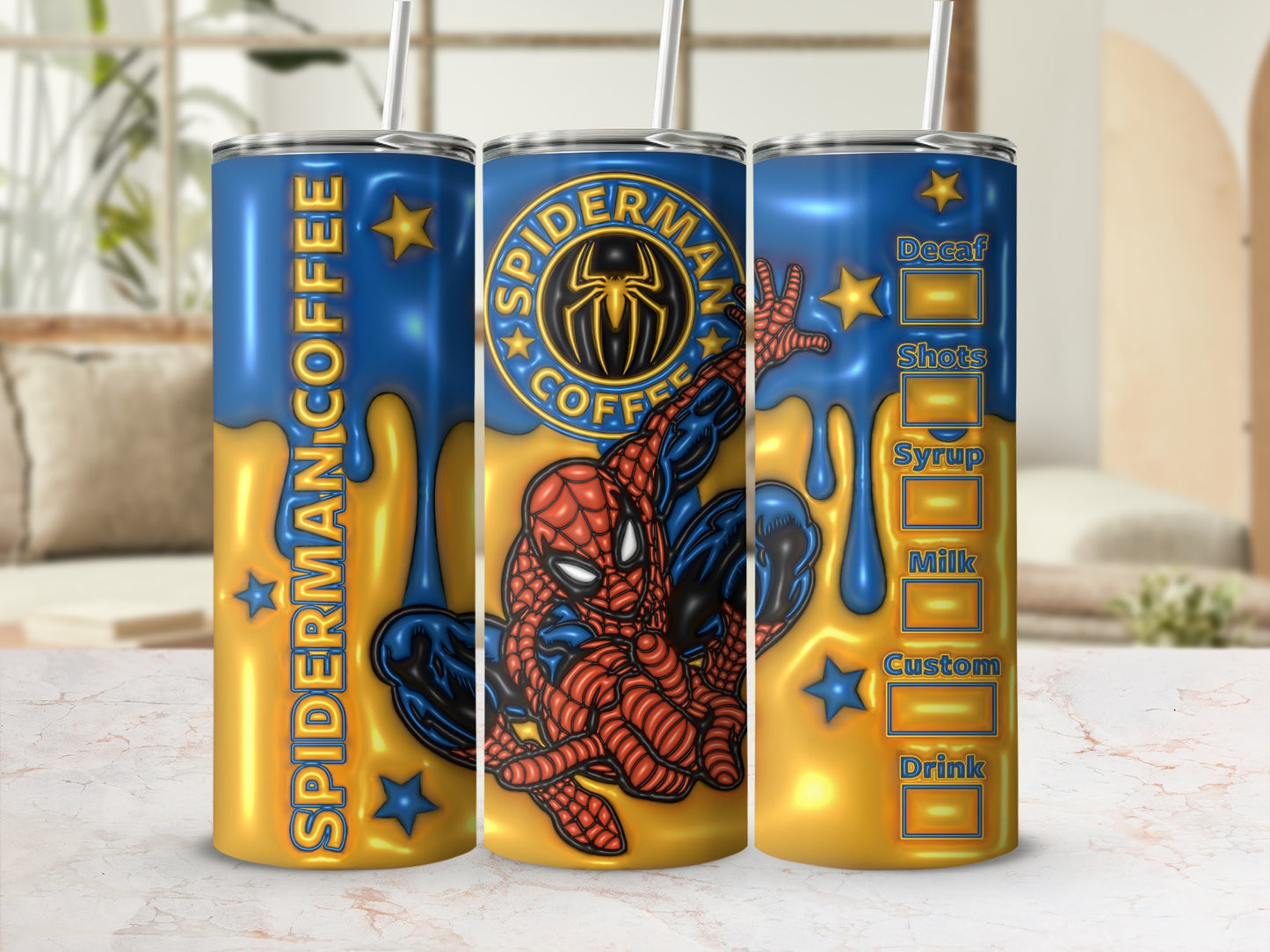 Spiderman Coffee Design Blue Yellow Tumbler