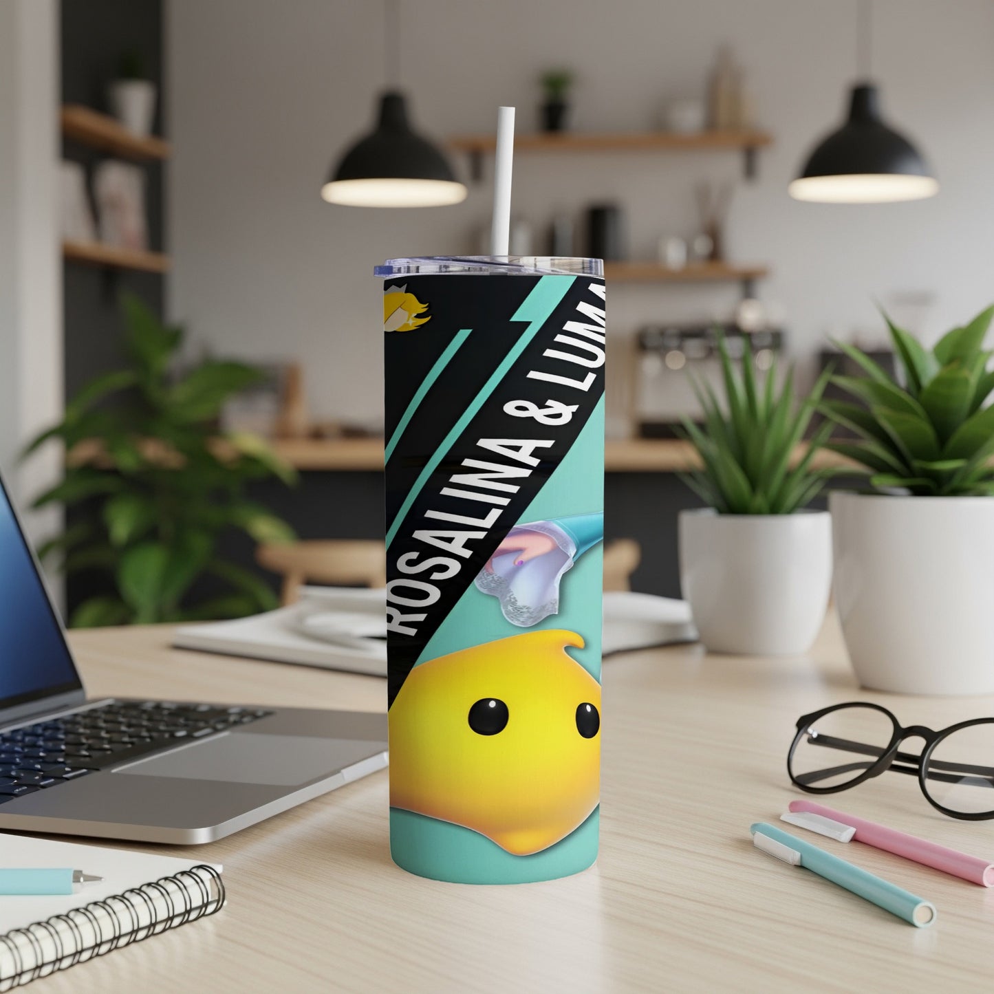 Yellow cartoon character with text ROSALINA & LUMA on a blue and black tumbler.