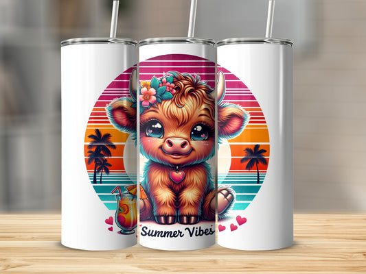Cute cartoon cow with floral crown and drink, "Summer Vibes" text.