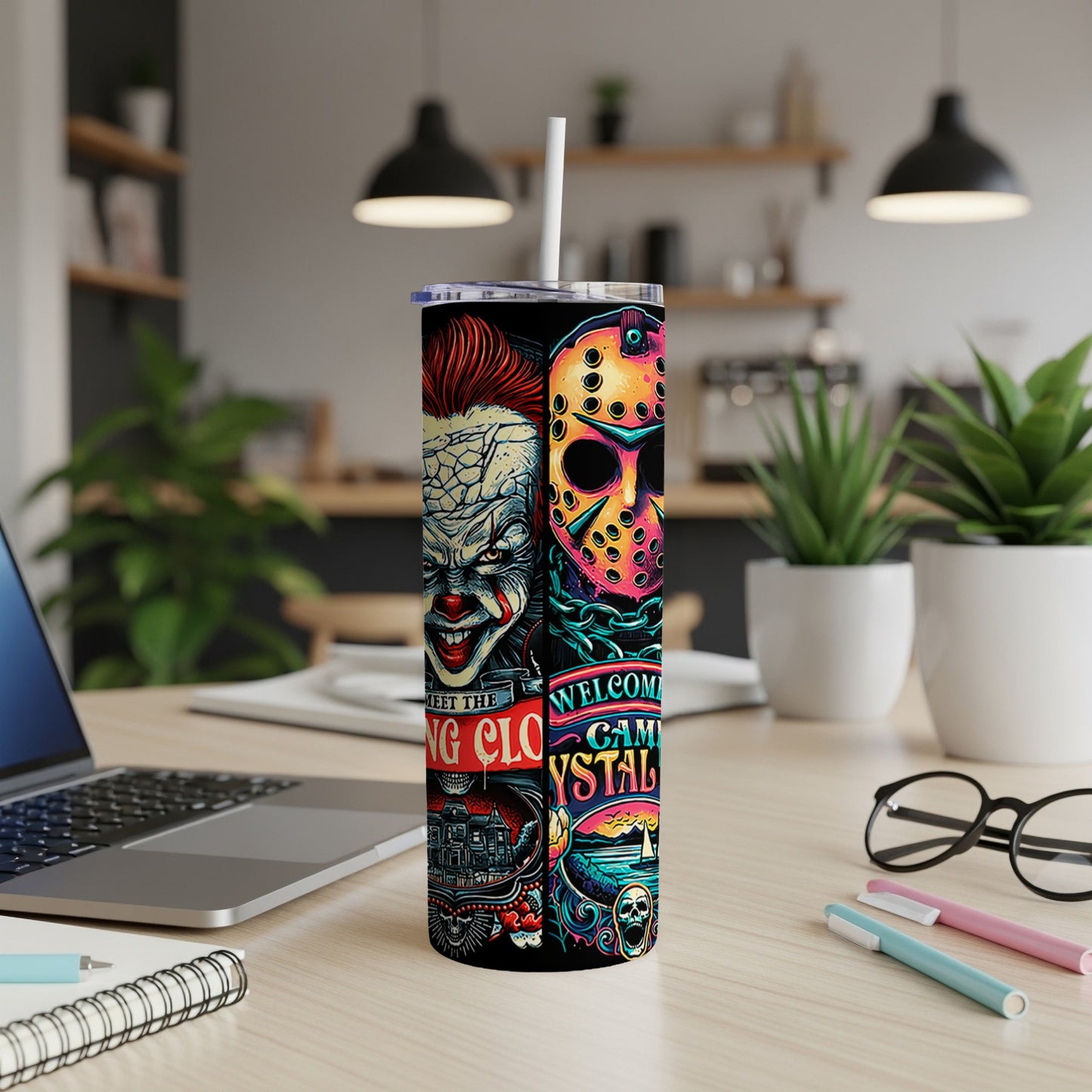 Horror-themed tumbler with clowns, Jason mask, and skulls.