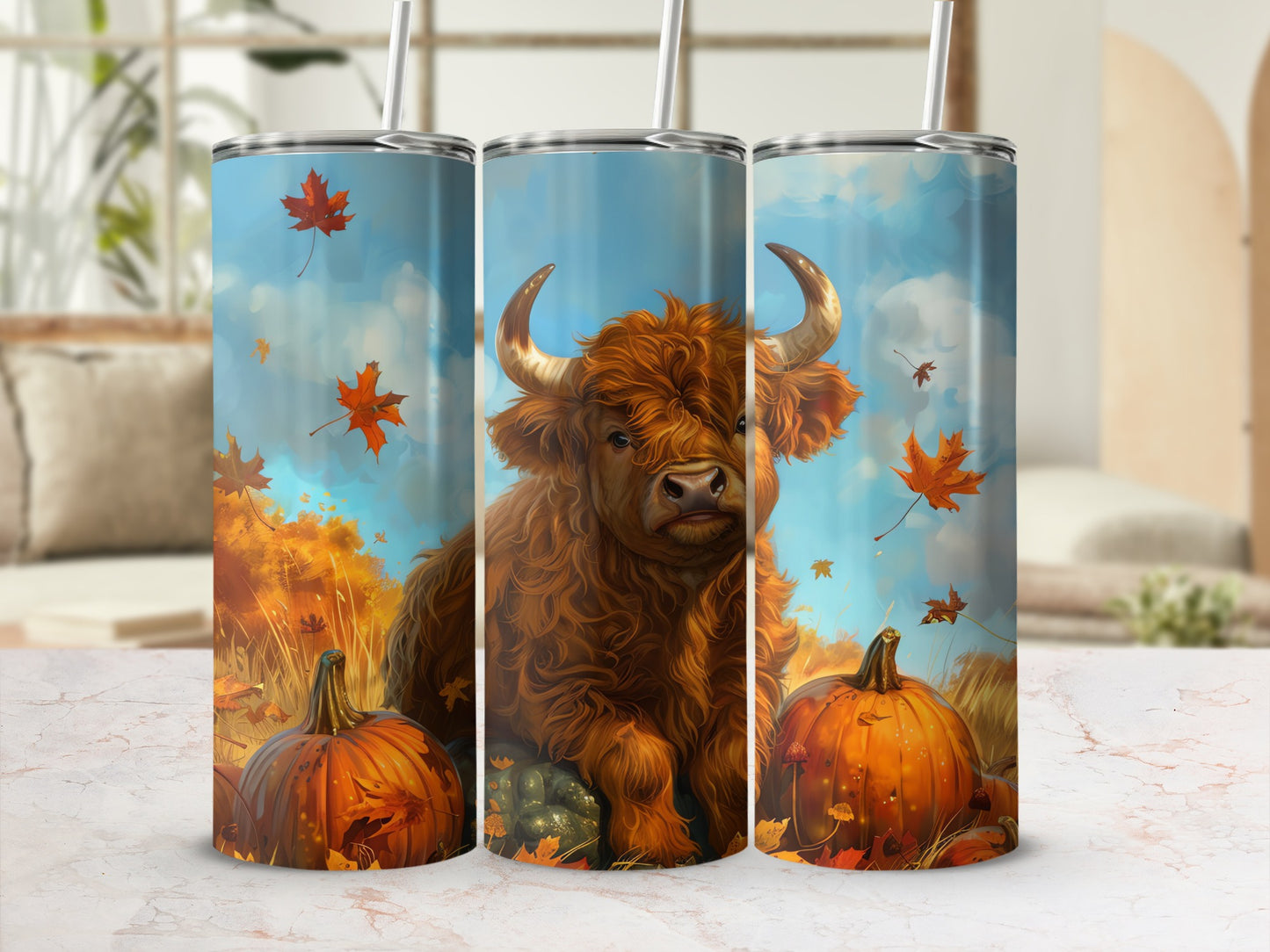 Autumn Highland Cow with Pumpkins Tumbler Flask