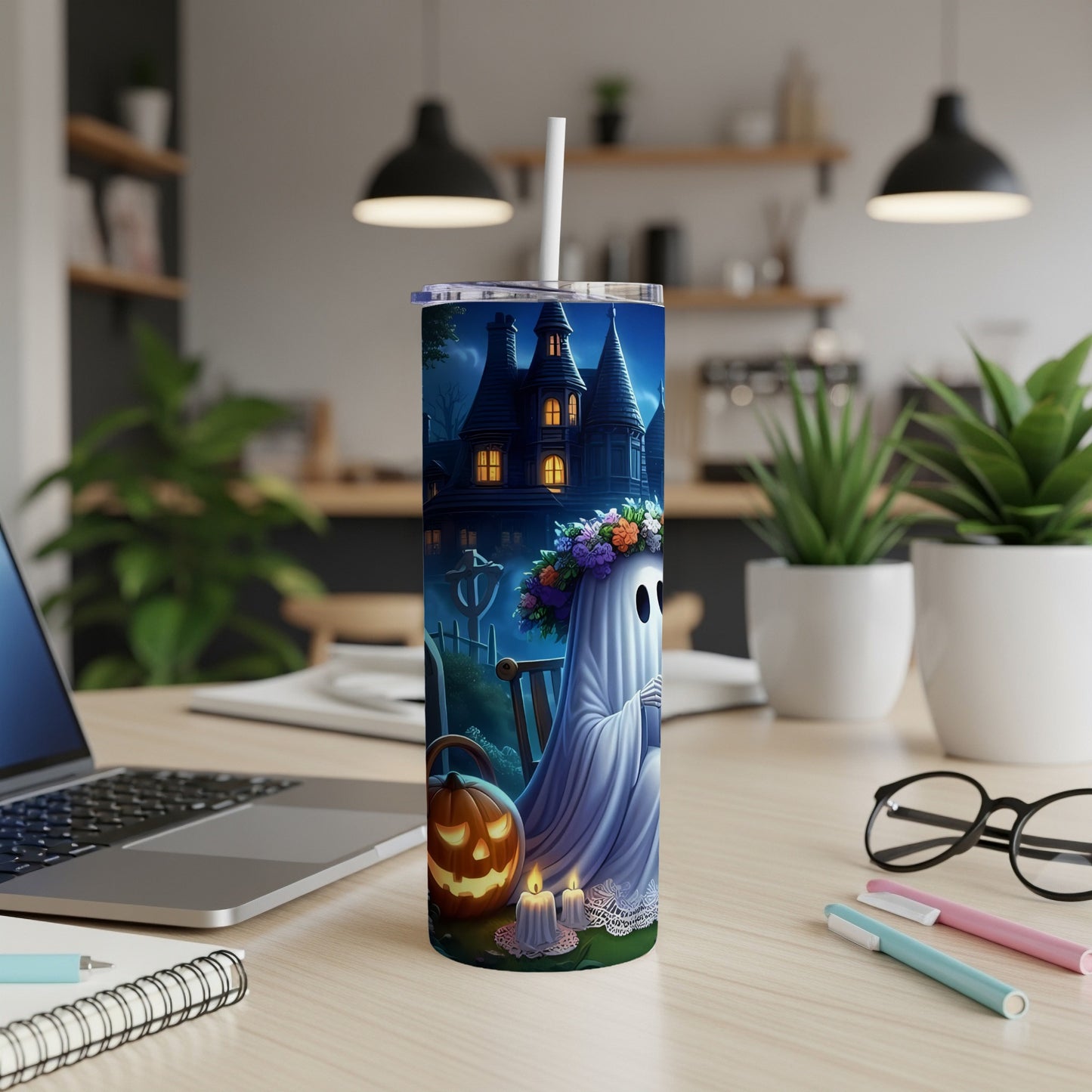 Tumbler with Halloween ghost, pumpkin, haunted house, and candles illustration.