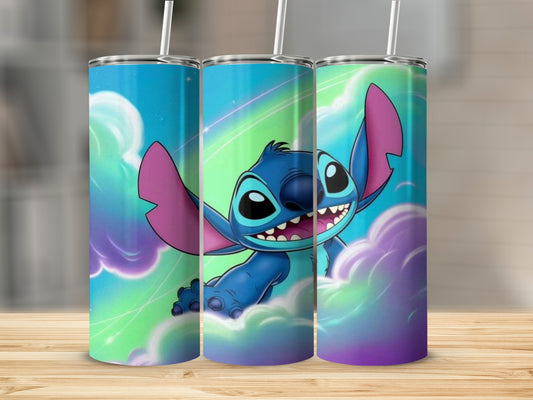 Cute Blue Alien Character on Colorful Tumbler