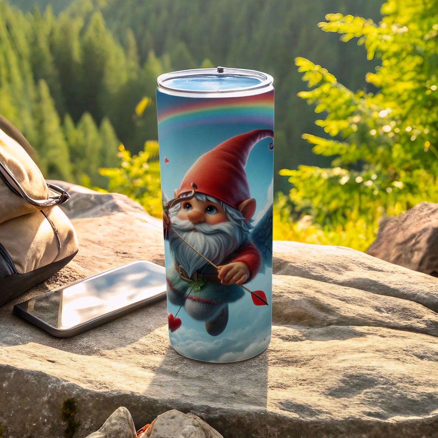 Cute Gnome Illustration with Rainbow Travel Tumbler