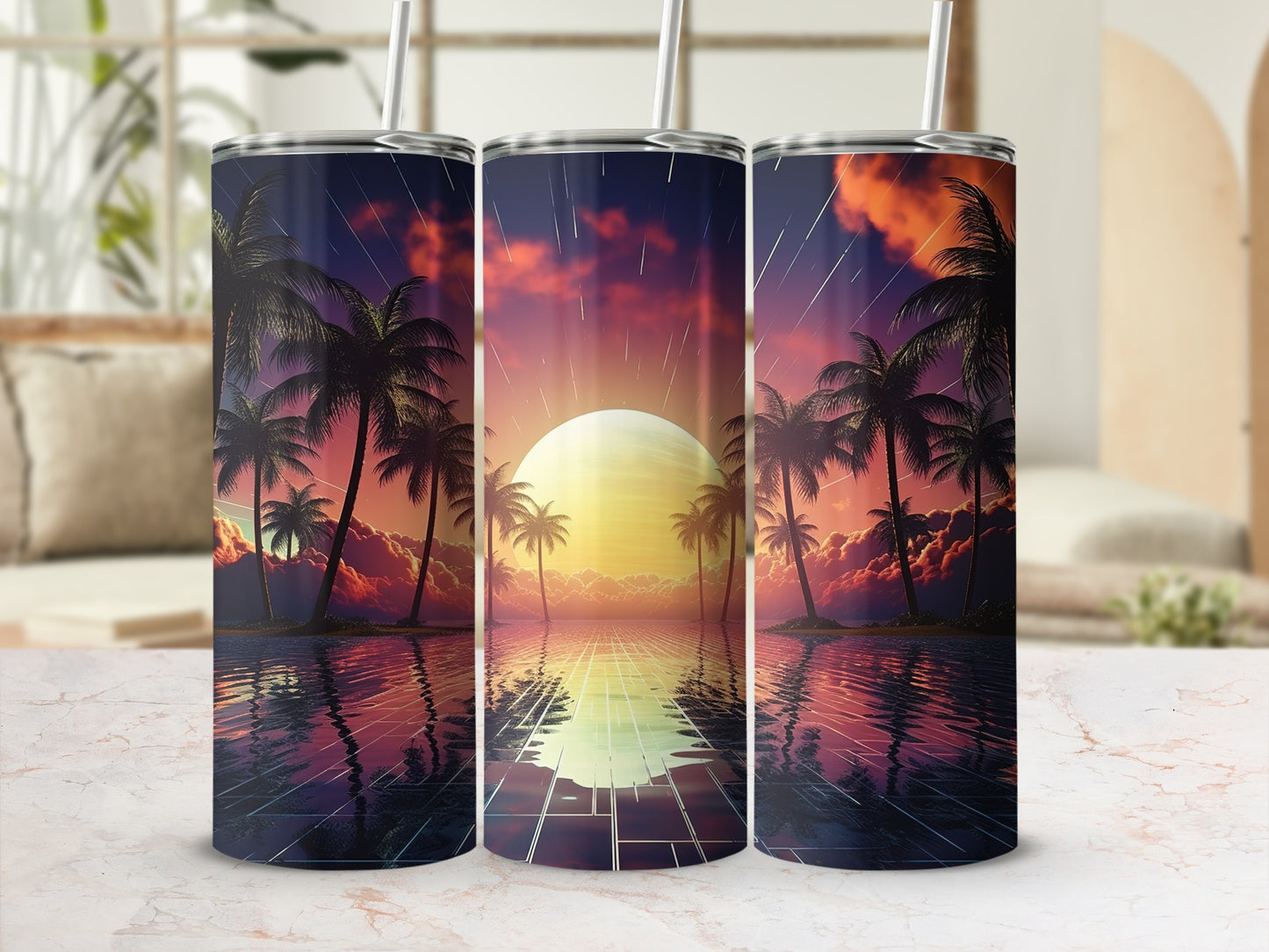 Vibrant Sunset and Palm Trees Stainless Steel Tumbler