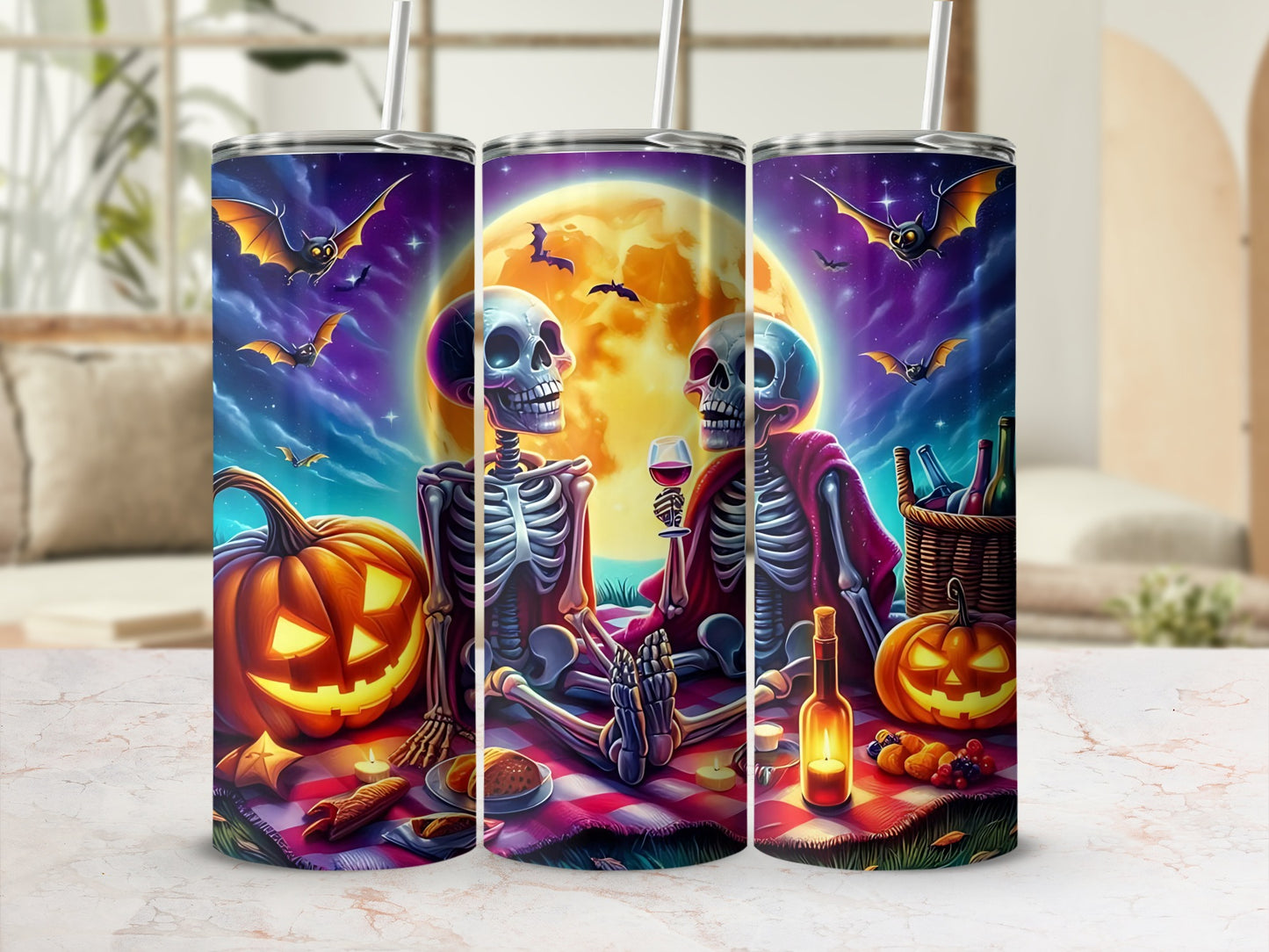 Halloween Skeletons and Pumpkins Full Moon Tumbler