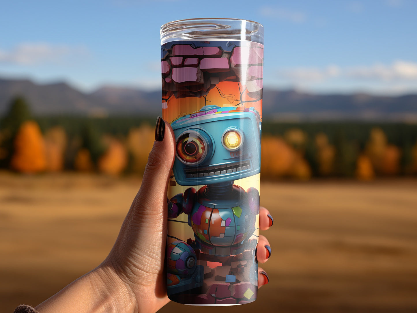 Colorful Robot Design with Mountain Background Flask