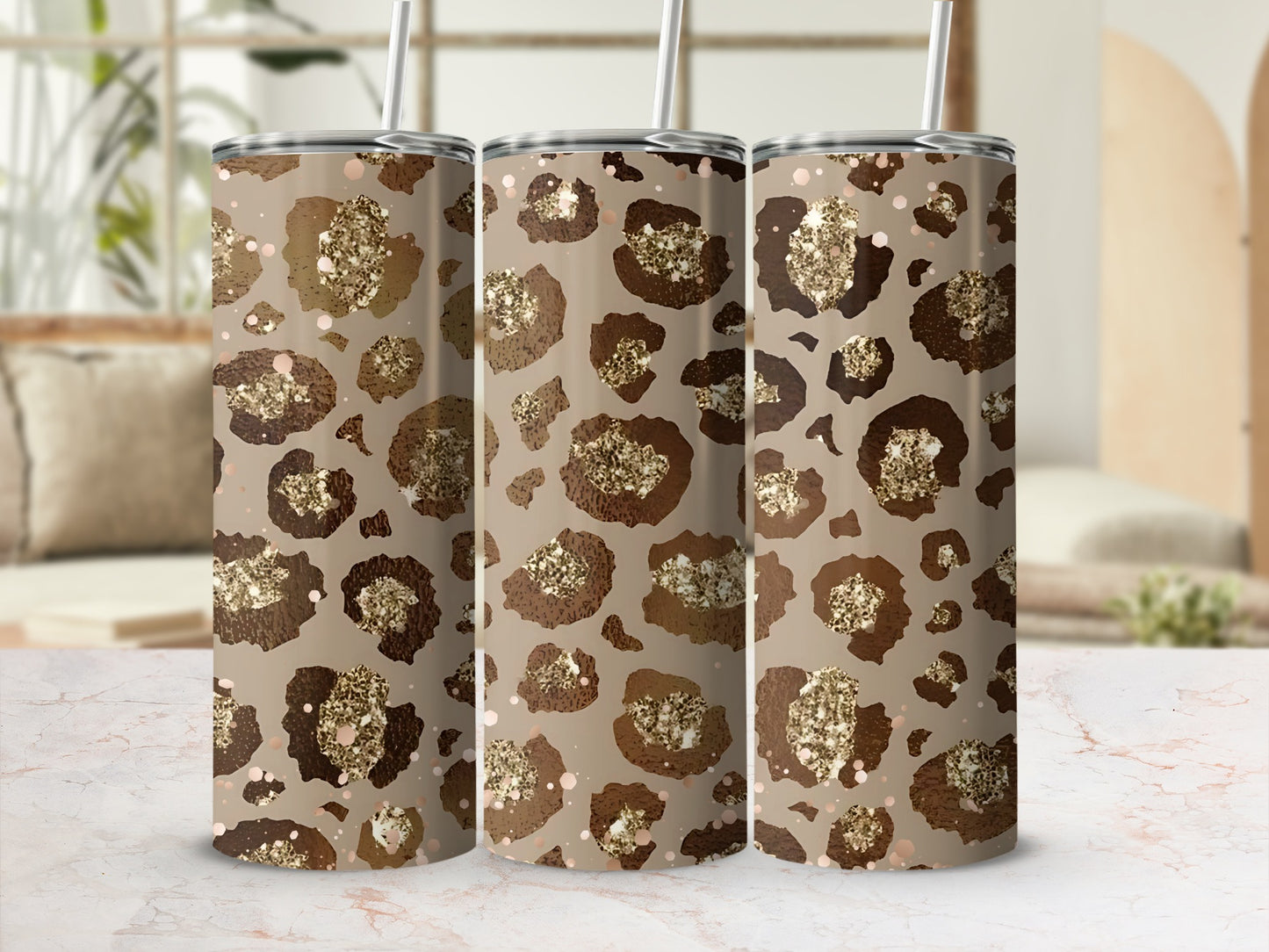 Glitter Cheetah Print Tumbler with Straw Flask Cup