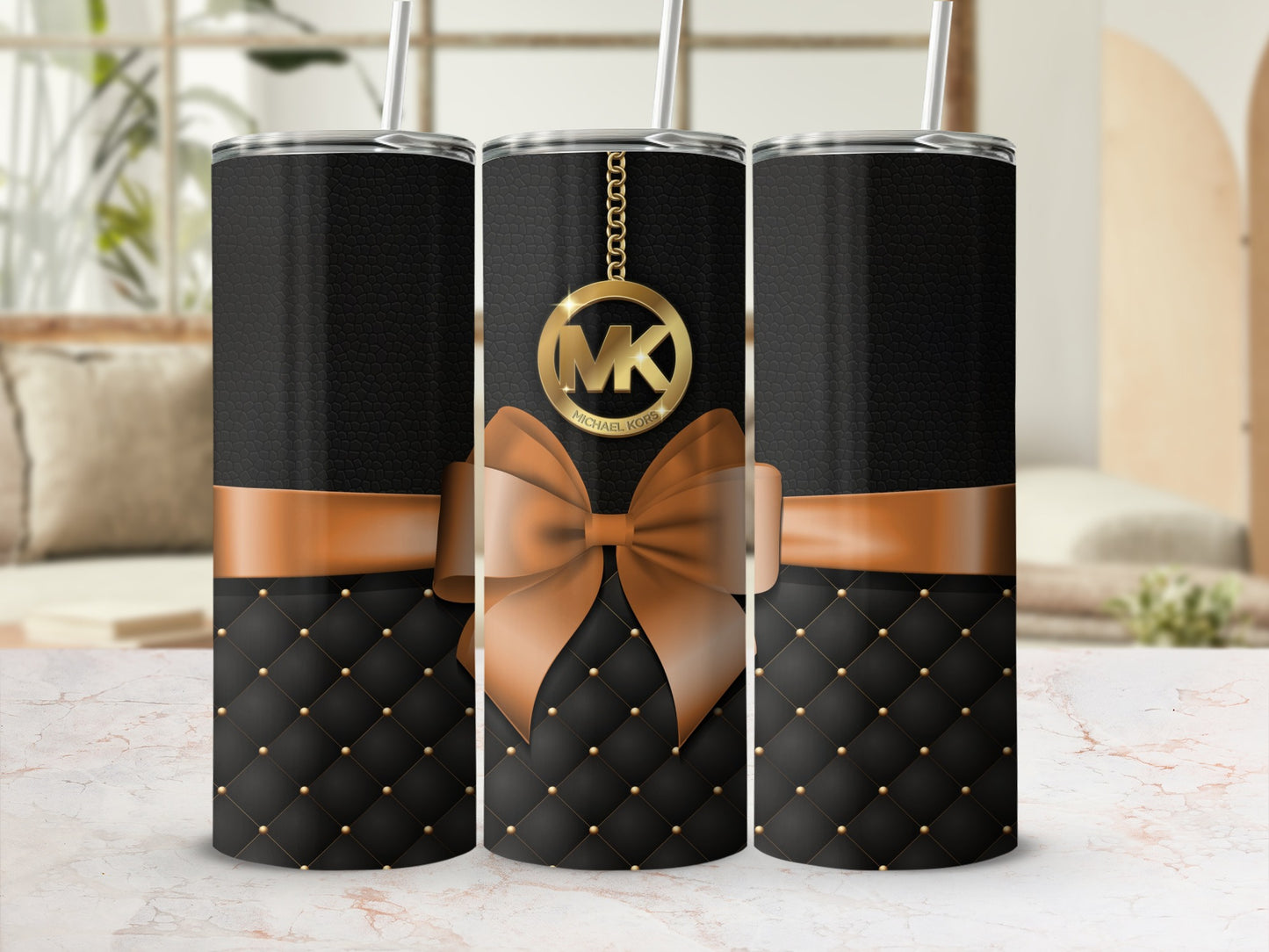 Elegant Black and Gold Tumbler with Bow Design