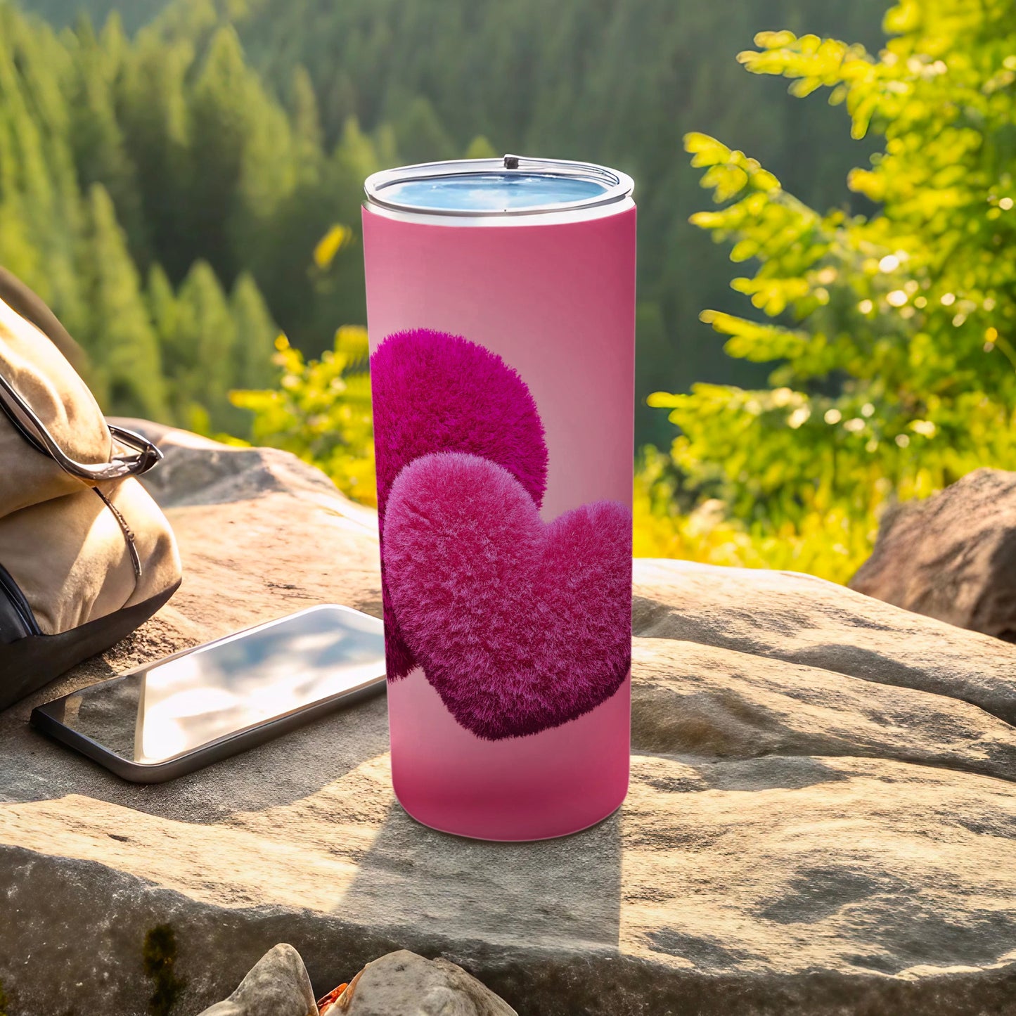 Pink fluffy heart nature adventure drinkware tumbler product type