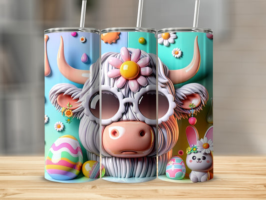 Cartoon cow with Easter eggs and sunglasses on three tumblers.