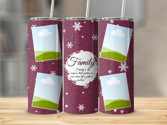 Three tumblers with a dark red glitter background, snowflakes, and photo frames.