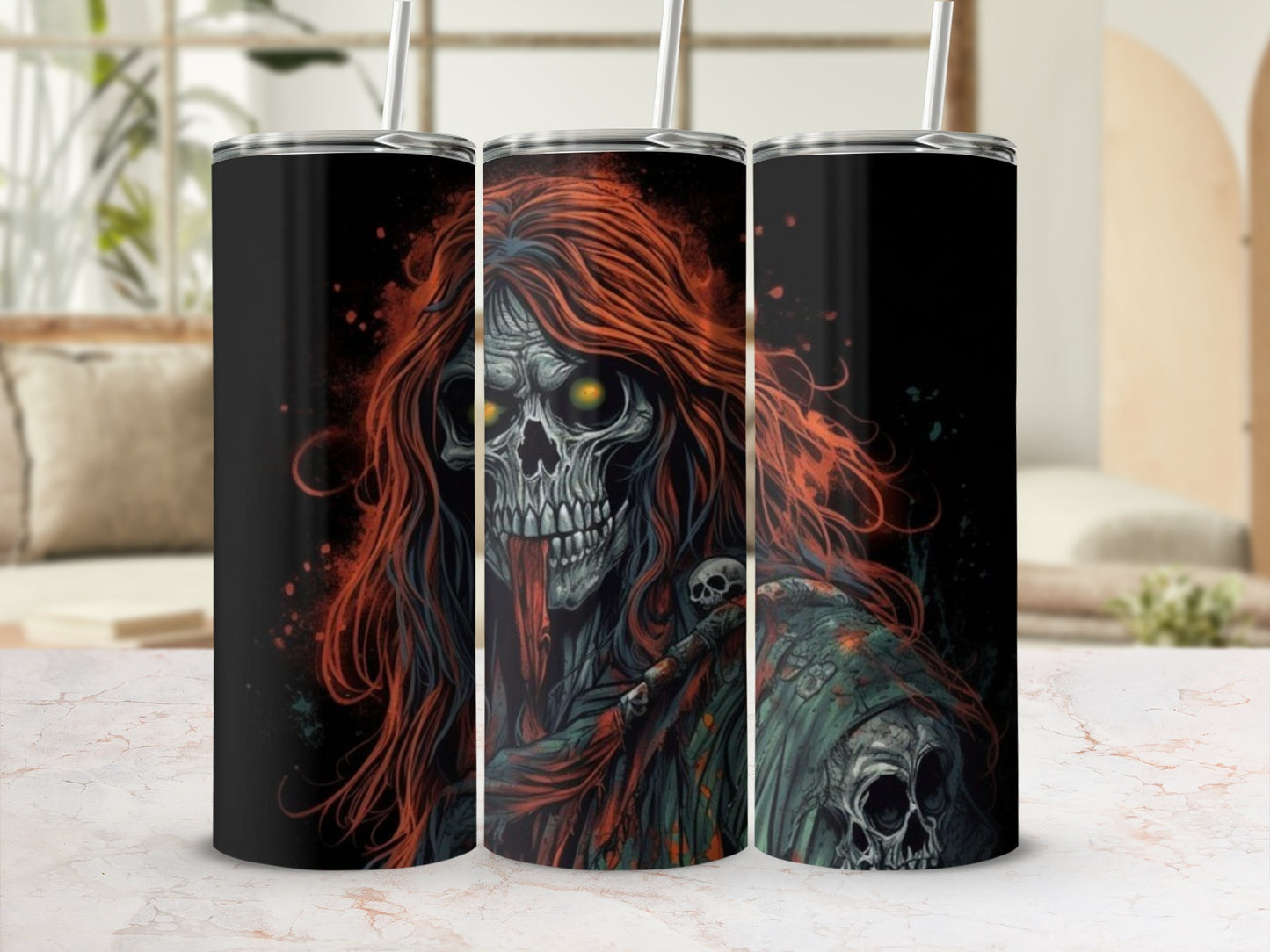 Spooky Skeleton with Red Hair Tumbler Halloween Theme