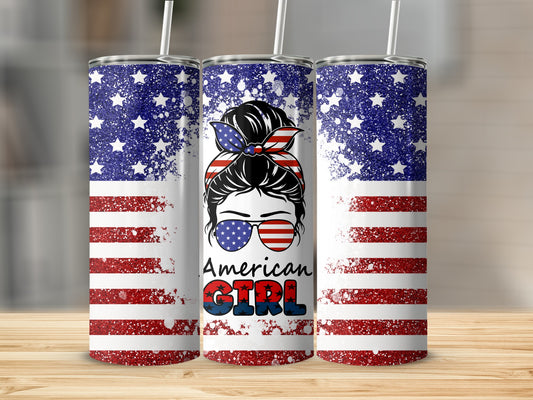 Tumbler with American flag pattern and "American Girl" text.