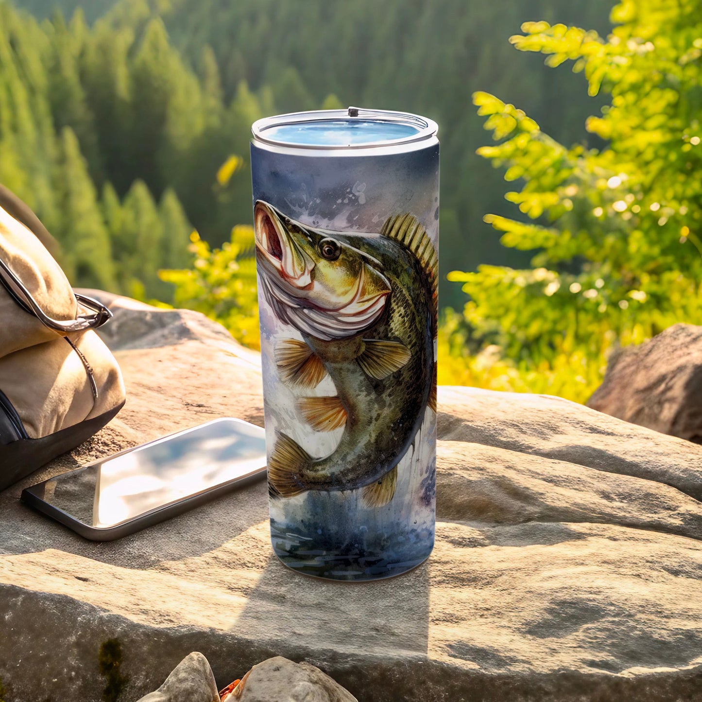 Large mouth bass leaping from water on a tumbler, outdoors.