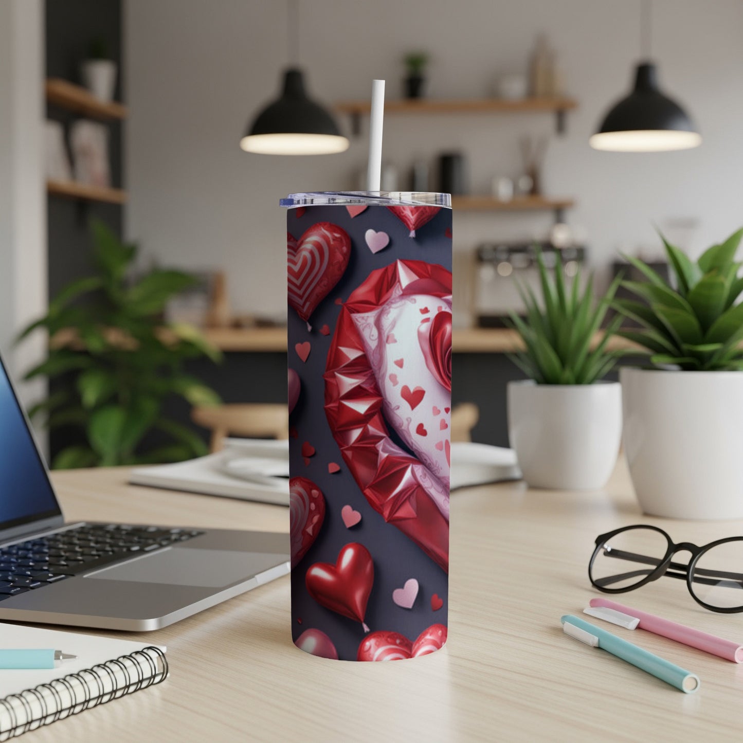 Red Valentine's Day themed tumbler with lips and hearts, straw visible.