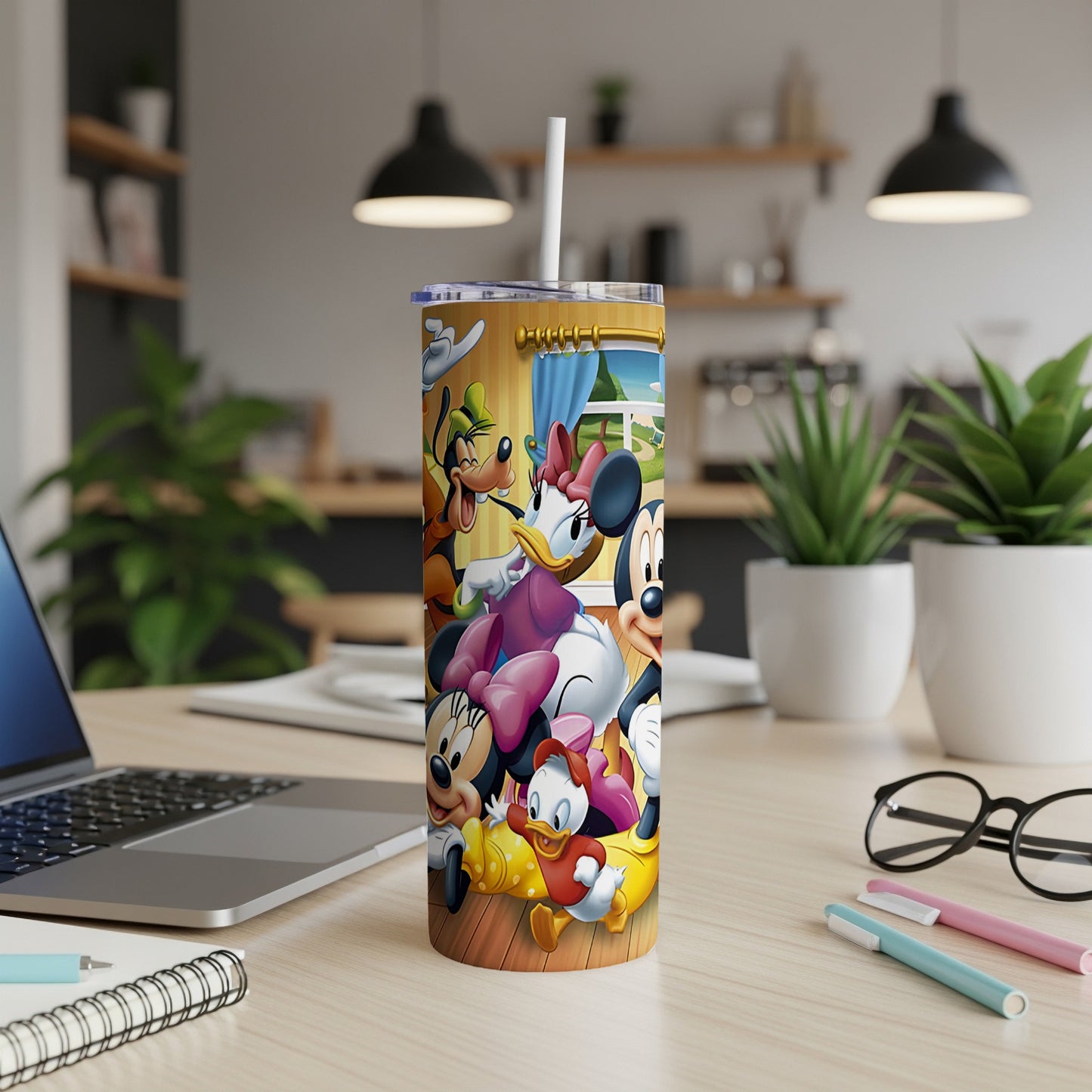 Minnie Mouse, Mickey Mouse, Goofy, and Pluto character tumbler with straw.