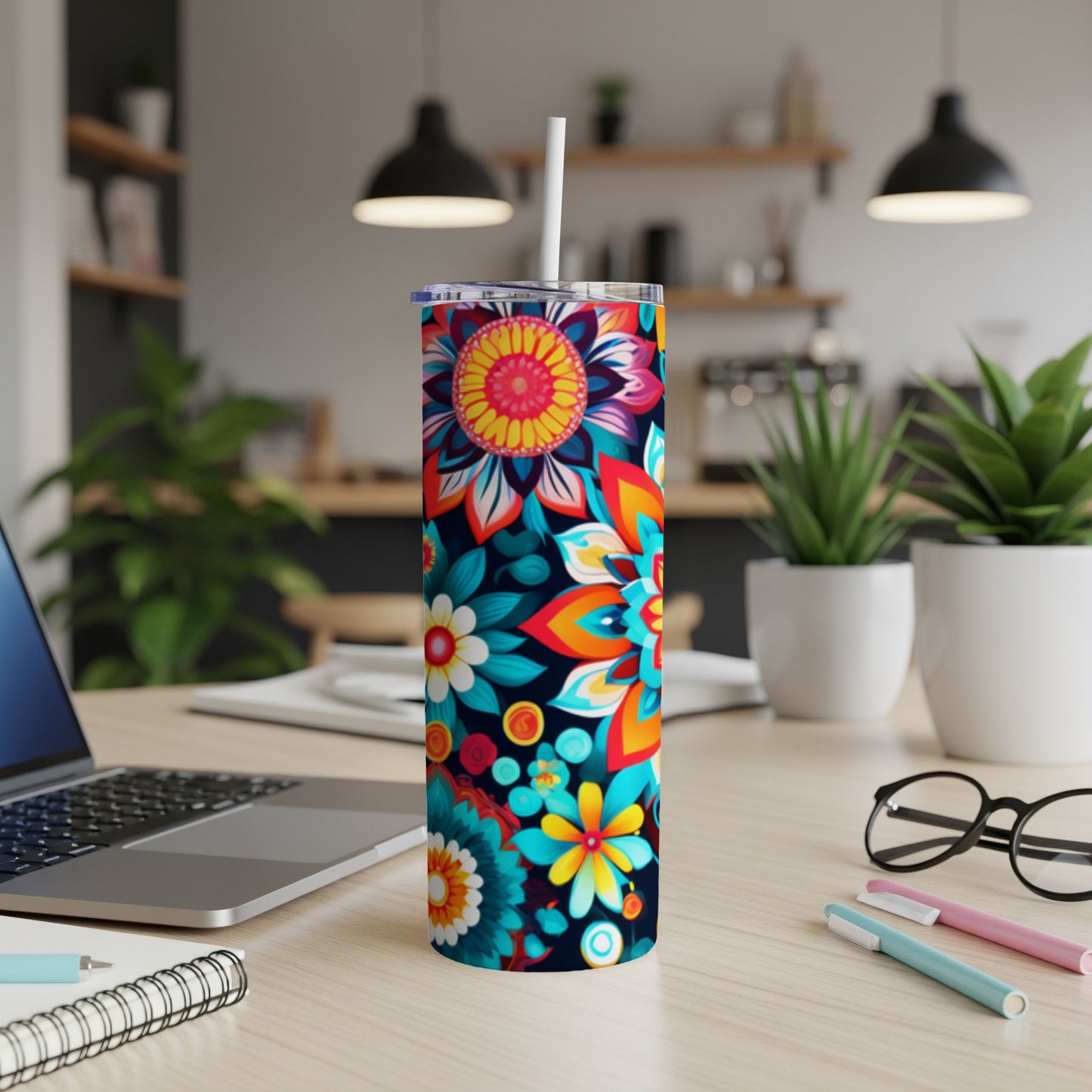 Colorful floral mandala pattern on a skinny tumbler with straw.