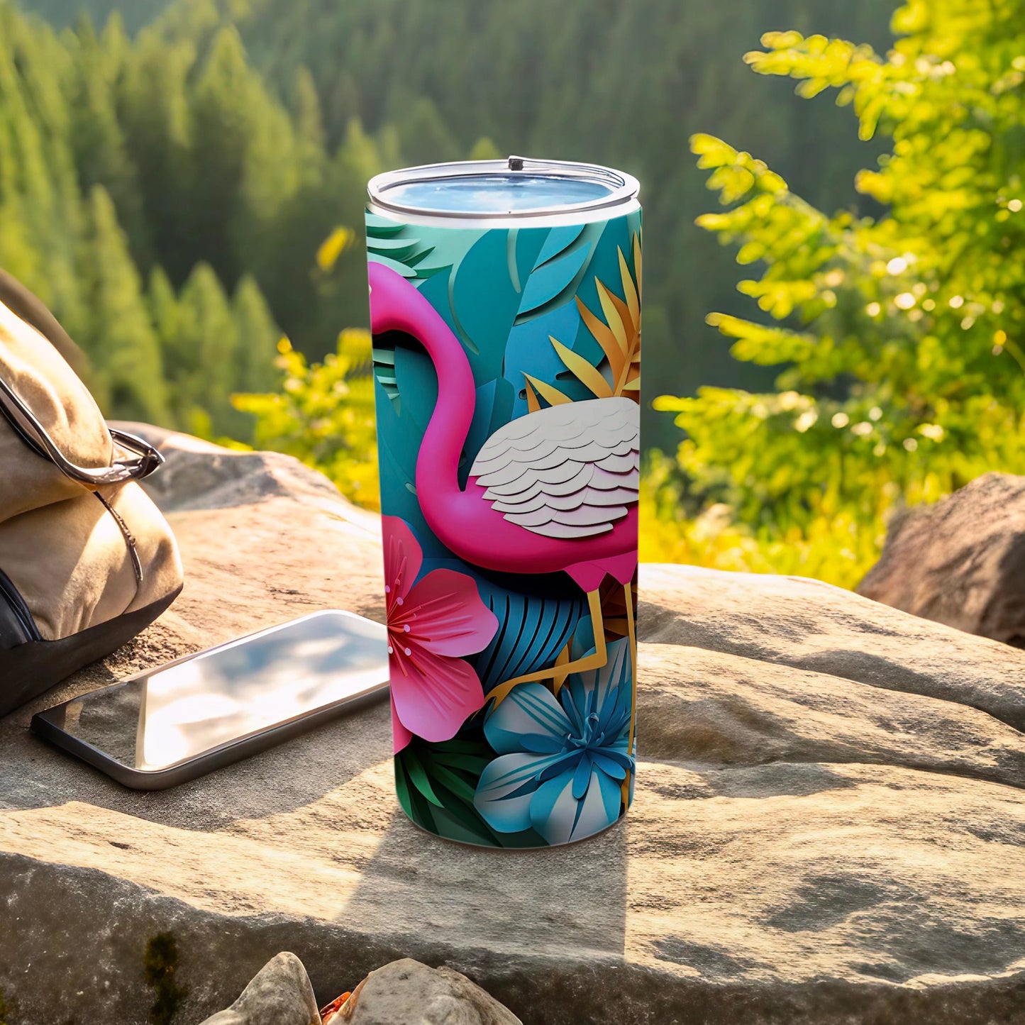 Colorful Flamingo and Tropical Flowers Travel Tumbler
