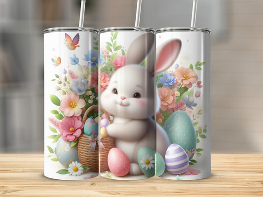 Easter bunny holding a basket surrounded by colorful eggs and flowers.