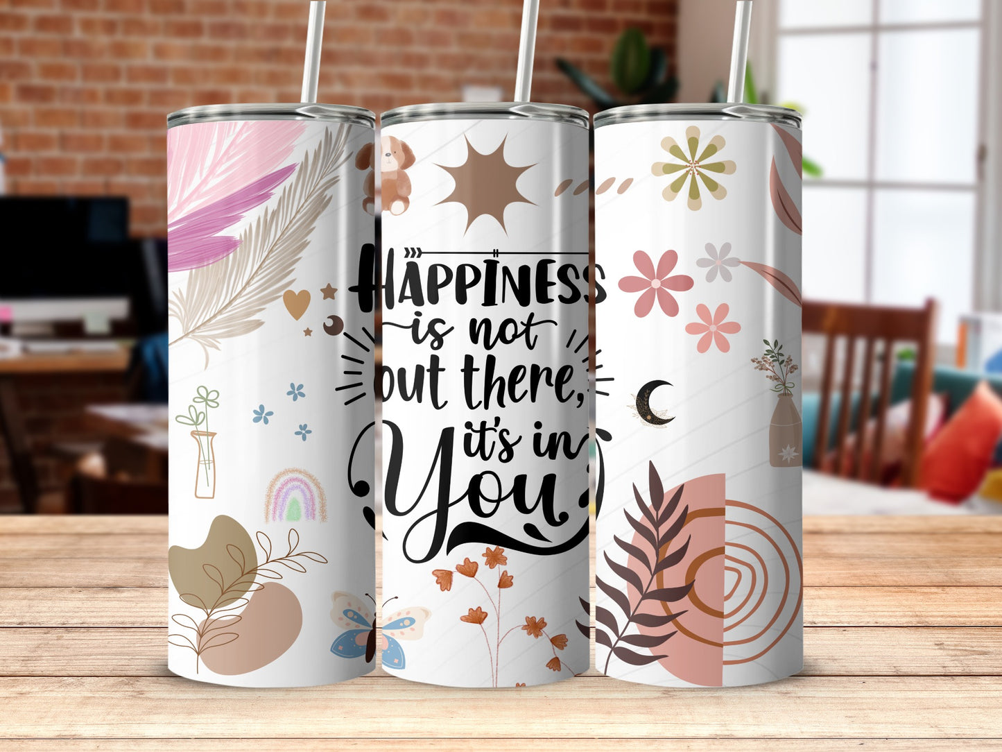 Happiness Quote Tumbler with Unique Decorative Design