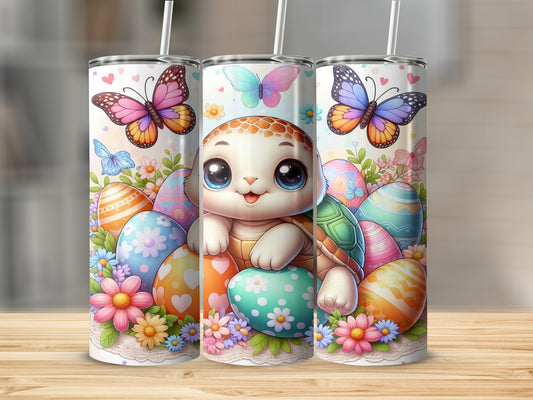 Cute cartoon turtle peeking out from behind colorful Easter eggs and butterflies.