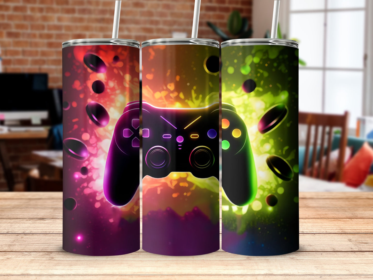 Colorful Neon Gaming Controllers Tumbler Cup Design
