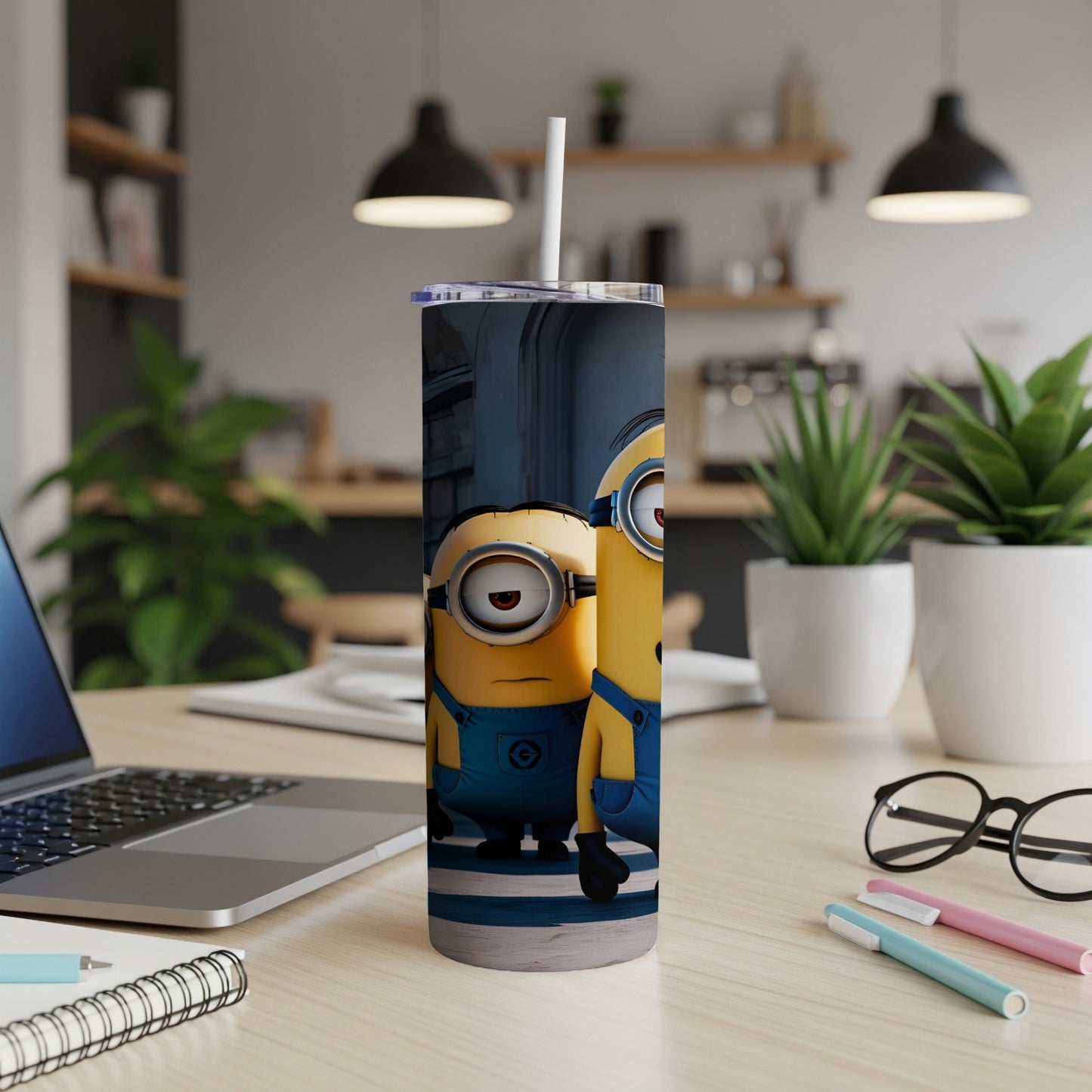 Two Minions in blue overalls standing on a crosswalk on a tumbler.