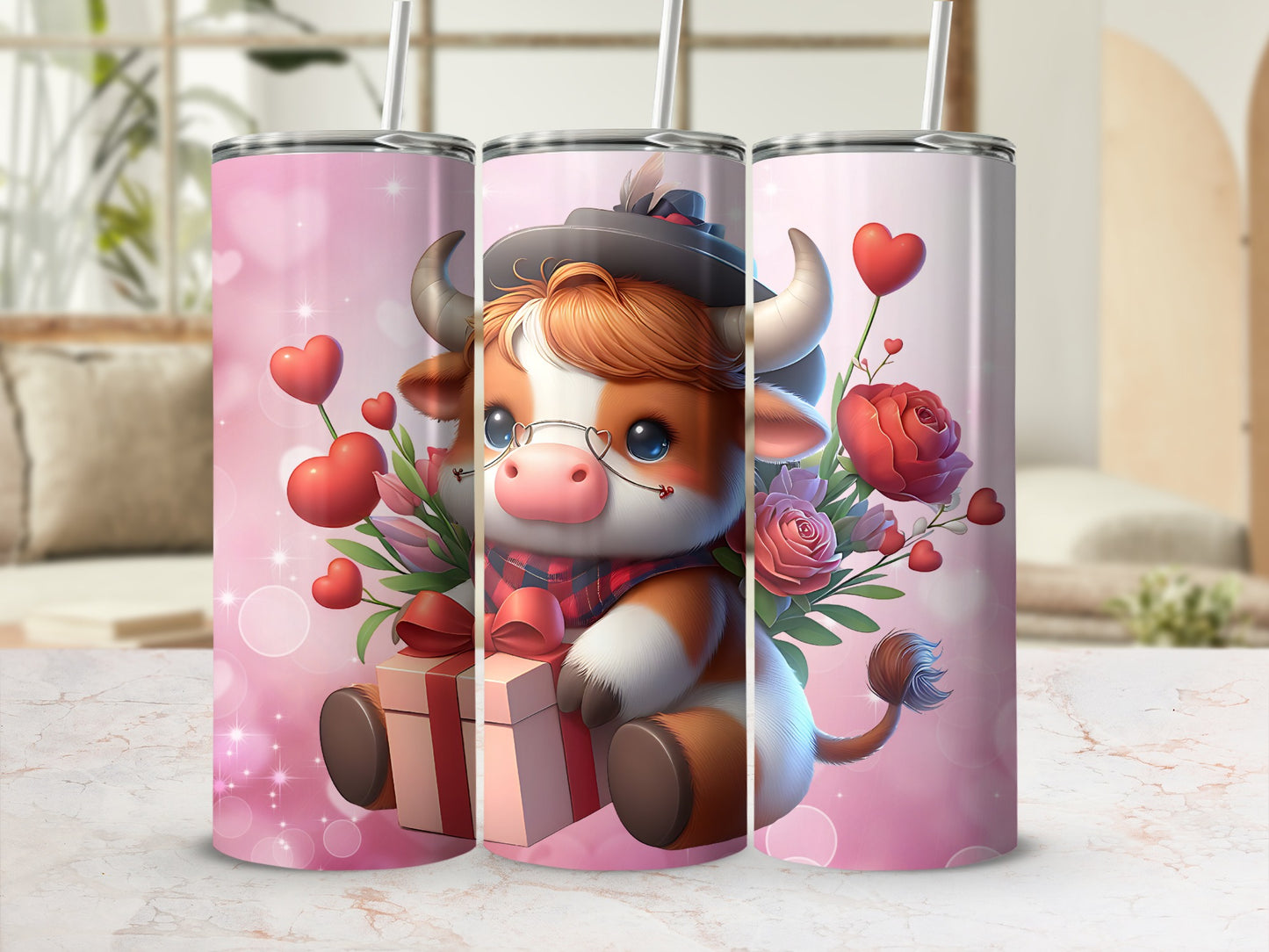 Cute Cow with Hearts and Flowers Tumbler Design