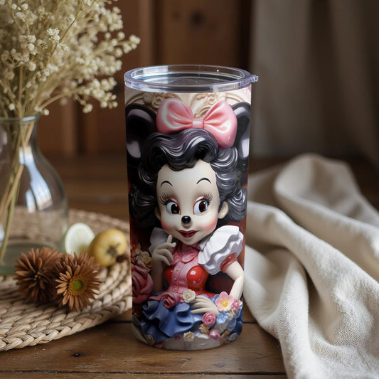 Vintage Cartoon Character Tumbler with Floral Accents