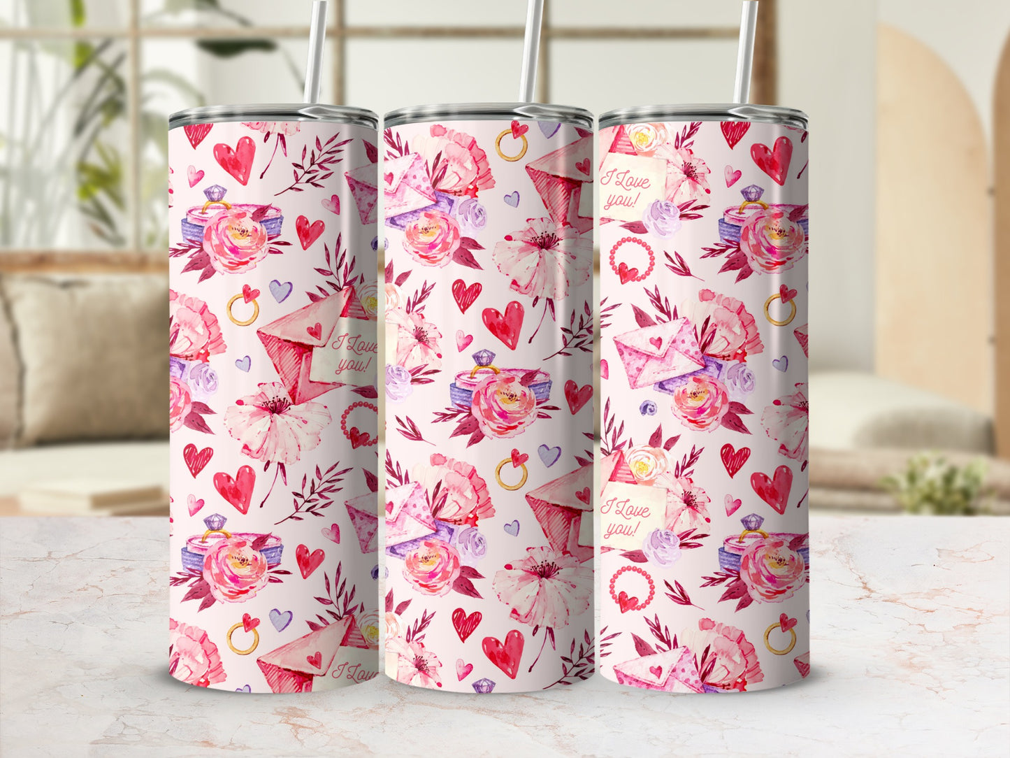 Elegant Pink Floral Pattern I Love You Tumbler
