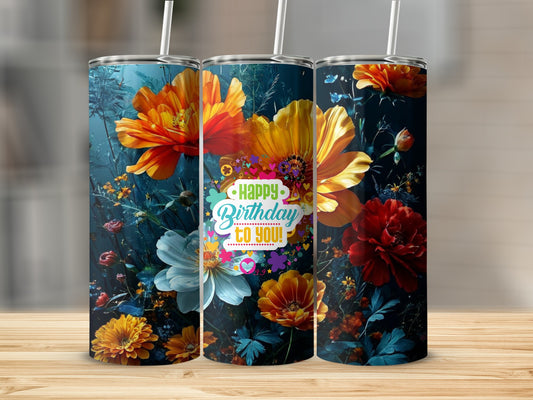 Three tumblers with colorful flowers and "Happy Birthday to you!" text.