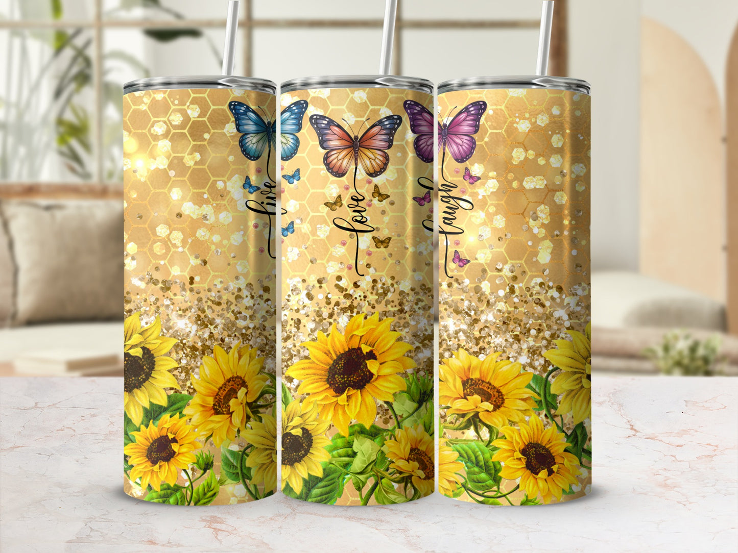 Sunflower and Butterfly Glitter Print Tumbler Cup