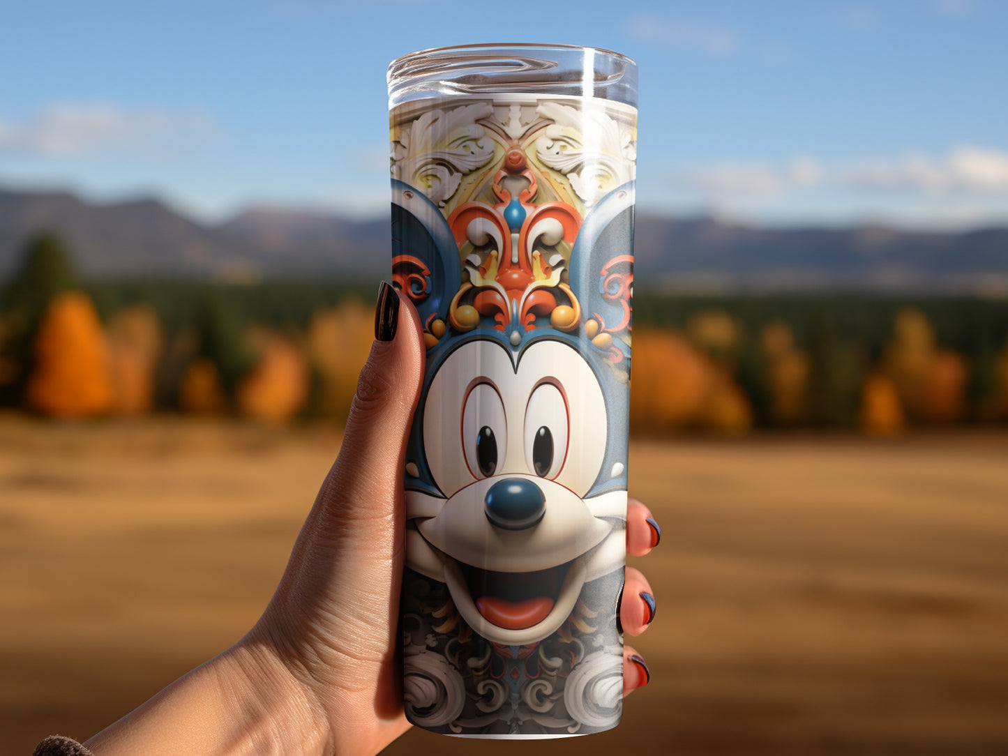 Vibrant Cartoon Character Tumbler with Scenic Background